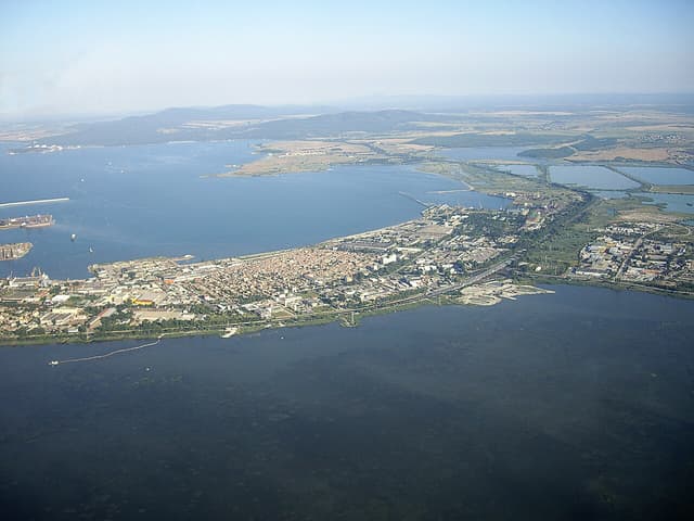 Burgas from the air, between its lake and the Black Sea